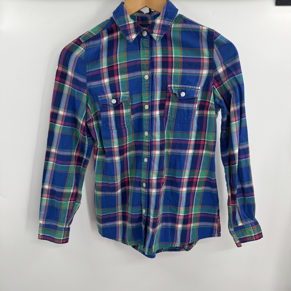 Old Navy Shirt Womens XS Blue‎ Plaid Button Front Flannel Cotton Long Sleeve